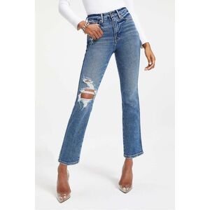 GOOD AMERICAN Good Curve High Waist Distressed Blue Straight Leg Jeans